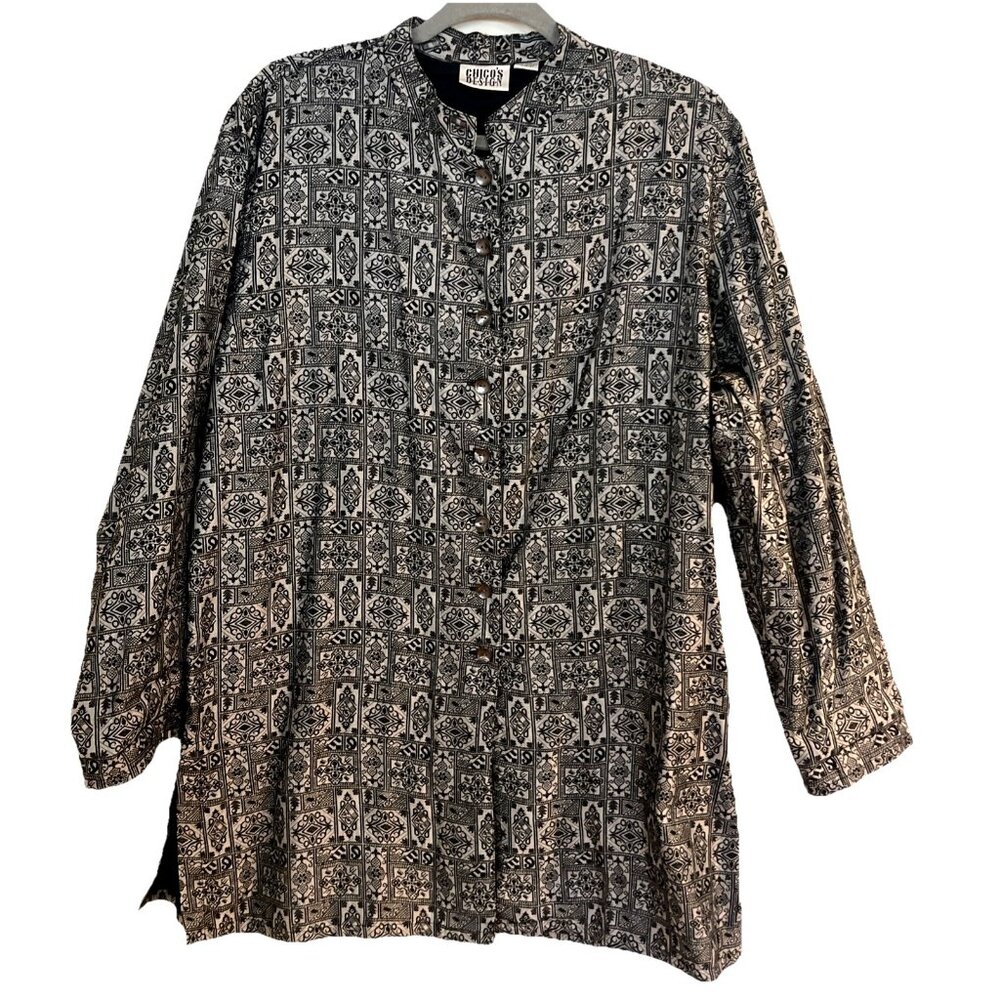 Chicos’s Design Tunic Jacket Womens 3 Black Silver Design Bohemian XL Button Up